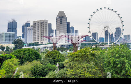 Singapore Flyer ferris wheel and Millenia Tower and Supertree Grove vertical garden at Gardens by the Bay Singapore. Stock Photo