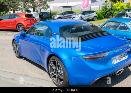 Wattrelos,FRANCE-June 02,2019: blue new Renault Alpine A110,rear view,car exhibited at the Renault Wattrelos Martinoire parking lot. Stock Photo