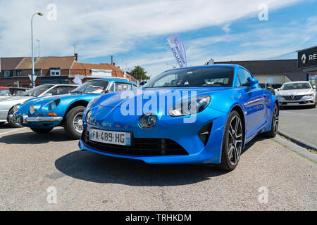 Wattrelos,FRANCE-June 02,2019: blue new Renault Alpine A110,front view,car exhibited at the Renault Wattrelos Martinoire parking lot. Stock Photo