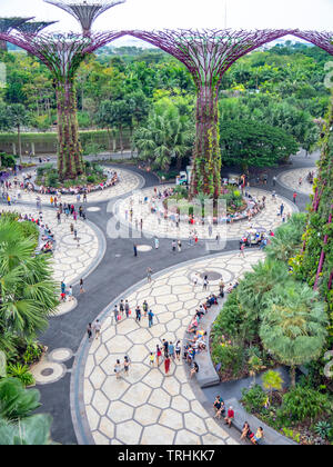 Tourists walking between artificial trees in the Supertree Grove vertical garden at Gardens by the Bay Singapore. Stock Photo