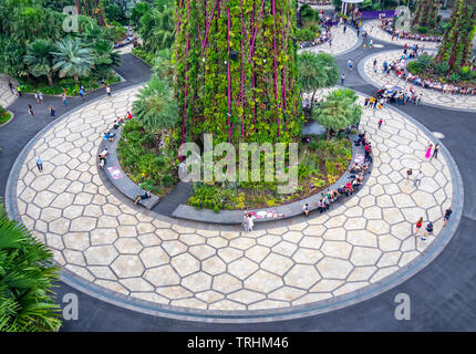 Tourists walking between artificial trees in the Supertree Grove vertical garden at Gardens by the Bay Singapore. Stock Photo