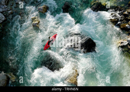 Aerial view of a kayaker on Soca river, Slovenia, near Kobarid. Stock Photo