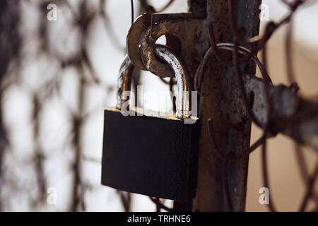Rusty shabby lock closes the rusty old gate with a mesh fence, illuminated by the sun Stock Photo