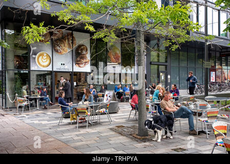 Customers sitting at tables outside Soderberg The Meadows on Middle Meadow walk in Edinburgh, Scotland, UK. Stock Photo