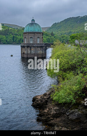 Copper domed tower on the Garreg Ddu reservoir, lake,  at Elan Valley, Powys, Wales Stock Photo