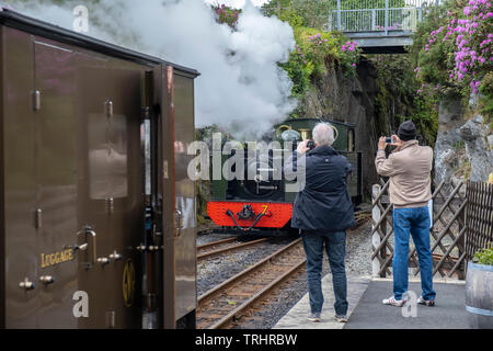 Tourists at platform, Vale of Rheidol Steam Railway, Devil's Bridge Station, Wales Stock Photo