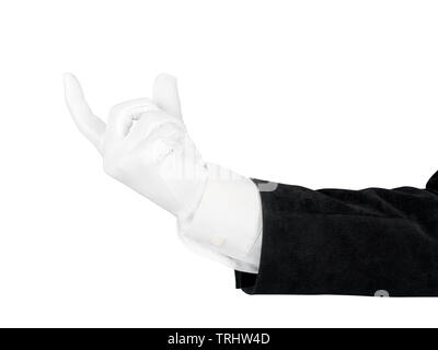 Close up of man hand in black suit and white glove holding, measuring or supporting something. Isolated on white background with clipping path Stock Photo
