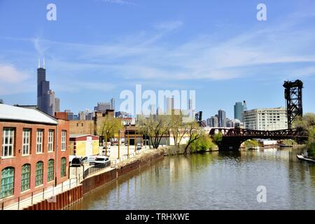 Chicago, Illinois, USA. The South Branch of the Chicago River on the city's South Side. The river flows through a large volume of industrial areas. Stock Photo