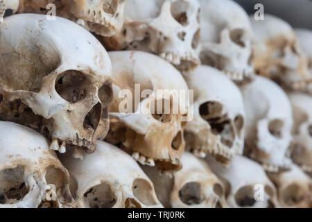 Stack of human skulls at the Choeung Ek Genocide Memorial Stupa at the Killing Fields,  Phnom Penh, Cambodia, Asia Stock Photo