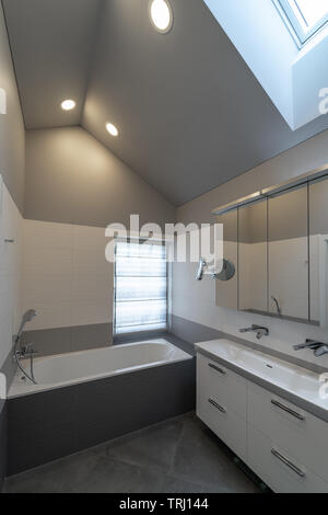 Bathroom interior in the attic. Bath, cabinet with sink and two water taps, mirror, window and sunroof. Stock Photo
