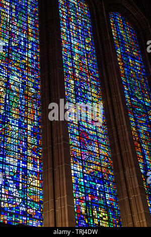 The stained glass West window of Liverpool cathedral, Liverpool, UK Stock Photo