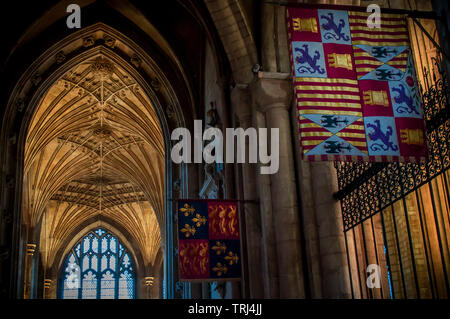 Flags, arches and vaulted ceilings in Peterborough Cathedral Stock Photo