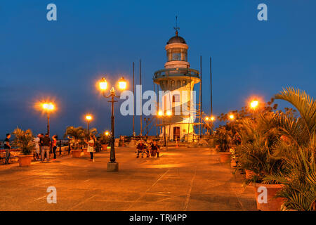 Santa Ana Lighthouse on Santa Ana Hill at sunset in Guayaquil, Ecuador. Stock Photo