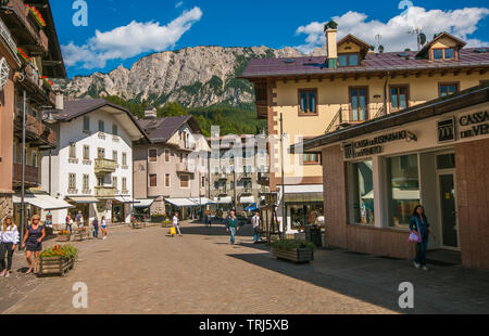 CORTINA D AMPEZZO, ITALY, JULY 16, 2018: Cityscape of Cortina d Ampezzo, the famous resort in the Dolomites, Italy, Europe Stock Photo