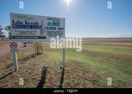 May 2019 Keepit Dam, Gunnedah, Australia: With the dam at 0.6% capacity the local sailing club's normal sailing and launch areas are high and dry. Stock Photo