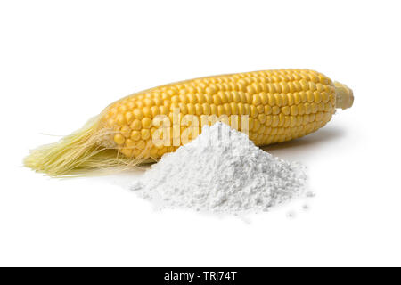 Fresh corn on the cob and a heap of white corn starch isolated on white background Stock Photo
