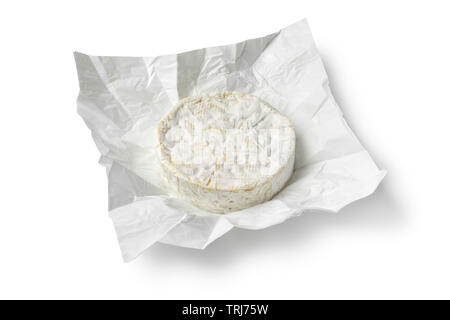 Single whole round french Brie cheeseat package paper isolated on white background Stock Photo