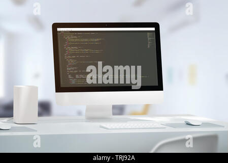 Development team office concept. Computer display with java code editor. Close-up. Stock Photo