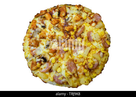 Italian pizza ingredients topping chicken sausage and fruit,isolated on background Stock Photo