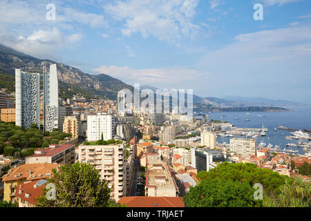 MONTE CARLO, MONACO - AUGUST 20, 2016: Monte Carlo city high angle view with buildings and skyscrapers, coast in a sunny summer day in Monte Carlo, Mo Stock Photo
