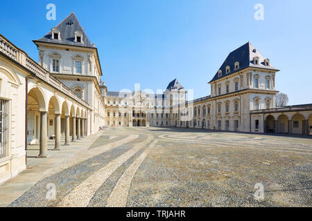 TURIN, ITALY - MARCH 31, 2019: Valentino castle and empty court in a sunny day, clear blue sky in Piedmont, Turin, Italy. Stock Photo