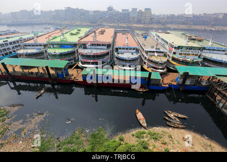 Vessels anchored at the Sadarghat Launch Terminal in Dhaka, Bangladesh. Stock Photo