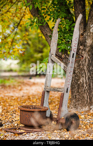 Old trolley with a pot in autumn garden Stock Photo