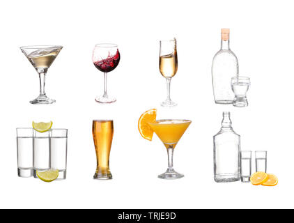 Collage of alcohol drinks. isolated on white Stock Photo