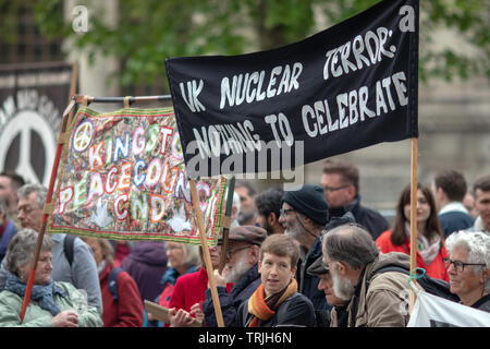 London, 3rd May, 2019 - Crowds holding CND anti-Nuclear signs in Central London protesting against a Naval service being held at Westminster Abbey Stock Photo