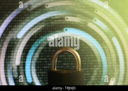 closed padlock in front of green matrix and circular lines background. cyber and computer security concept. privacy protection against hackers, virus Stock Photo