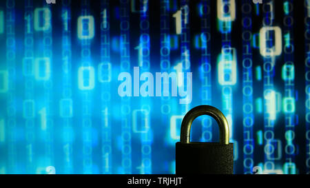 closed padlock in front of blue floating binary code background. cyber and computer security concept. privacy protection against hackers, virus and sp Stock Photo
