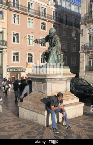 Portugal, Lisbon, Bairro Alto, poet Antonio Ribeiro statue, Largo do Chiado, Stock Photo