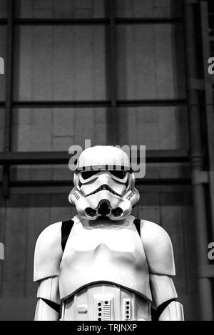 NEC, BIRMINGHAM, UK - JUNE 1, 2019. A male cosplayer dressed as a Star Wars Stormtrooper in the Death Star at a Comic Con event Stock Photo
