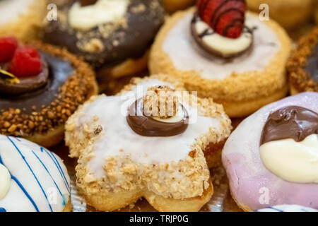 Various glazed doughnuts with chocolate, strawberries and hazelnut. Stock Photo