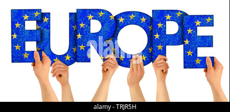 people arms hands holding up wooden letter lettering forming word Europe in european union national flag colors tourism travel elections concept isola Stock Photo