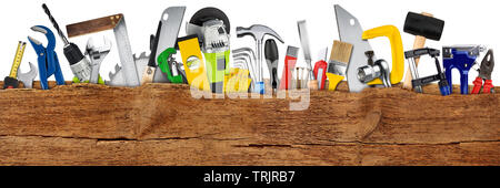 DIY handtools collage concept behind wooden wide panorama plank with copy space isolated on white background Stock Photo