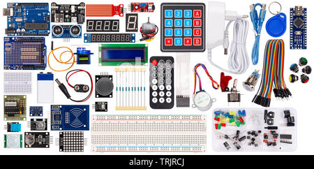 set collection microcontroller parts board display sensor button switches rfid module lcd cable wire accessories and equipment isolated on white elect Stock Photo