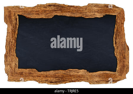 old rustic retro wood wooden slate stone blackboard chalkboard with rough edges border empty blank with copy space isolated on white background Stock Photo