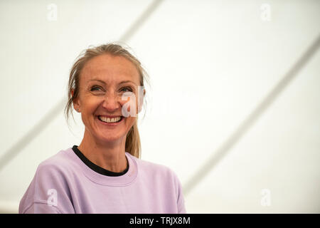 British long-distance runner Paula Radcliffe, MBE. Pictured speaking at the Run Fest Run festival in Wiltshire. Stock Photo