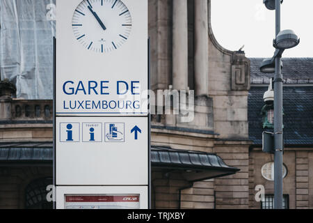 Luxembourg City, Luxembourg - May 18, 2019: Close up of a sign in front of Gare de Luxembourg, the main railway station serving the city. Stock Photo