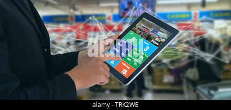 deep machine learning concept, the store or smart retail use artificial intelligence technology with facial recognition to analytic , predict behavior Stock Photo