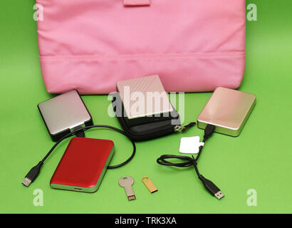 Computer digital memory hard drives and small flash drives Stock Photo