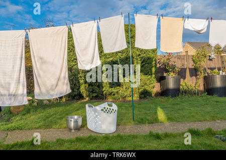 Front view of domestic laundry of wet clothes and towels, pegged and hanging out to dry on a washing line in the warm afternoon sunshine. England, UK. Stock Photo