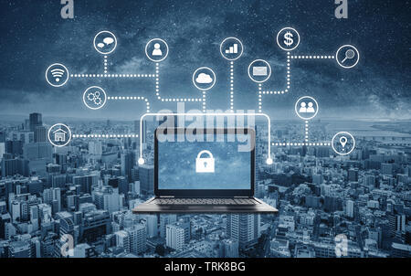 Internet and online network security system. Laptop computer with lock icon on screen and application programming interface icons Stock Photo