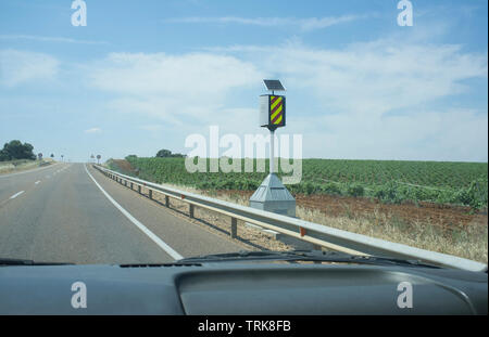 Spanish speed control pole device at country road. View from the inside of the car Stock Photo