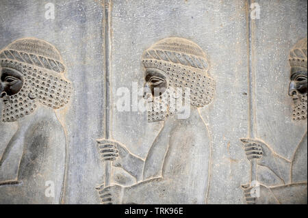 Bas-reliefs on the walls of Apadana palace. Persepolis, Shiraz - Iran Stock Photo