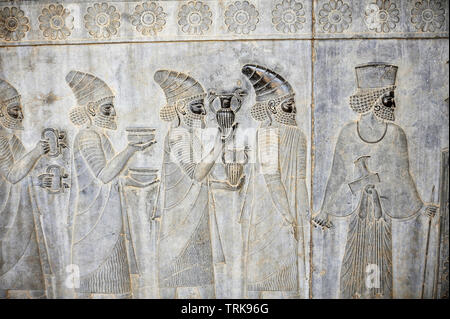 Bas-reliefs on the walls of Apadana palace. Persepolis, Shiraz - Iran Stock Photo
