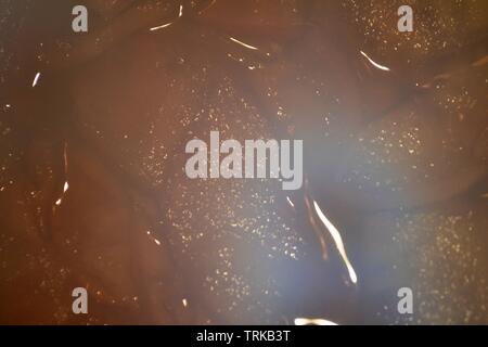 Blur background of dark brown liquid surface of chocolate apple slices jelly dessert. Stock Photo