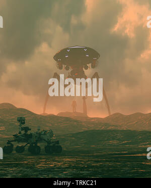Astronaut looking to a giant alien ship,3d illustration Stock Photo