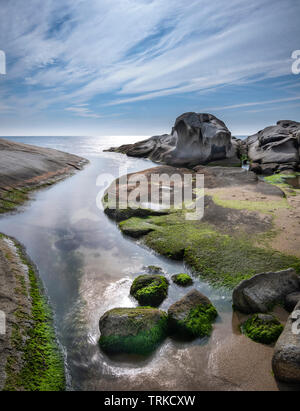 Rocky beach landscape, Catalonia, Spain. Extraordinary rock formations in the sea.